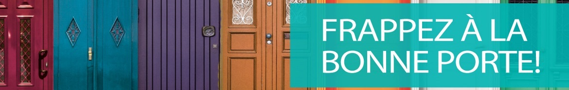 Image de cinq portes très uniques et colorées en rangée avec un texte qui lit : Frappez à la bonne porte!